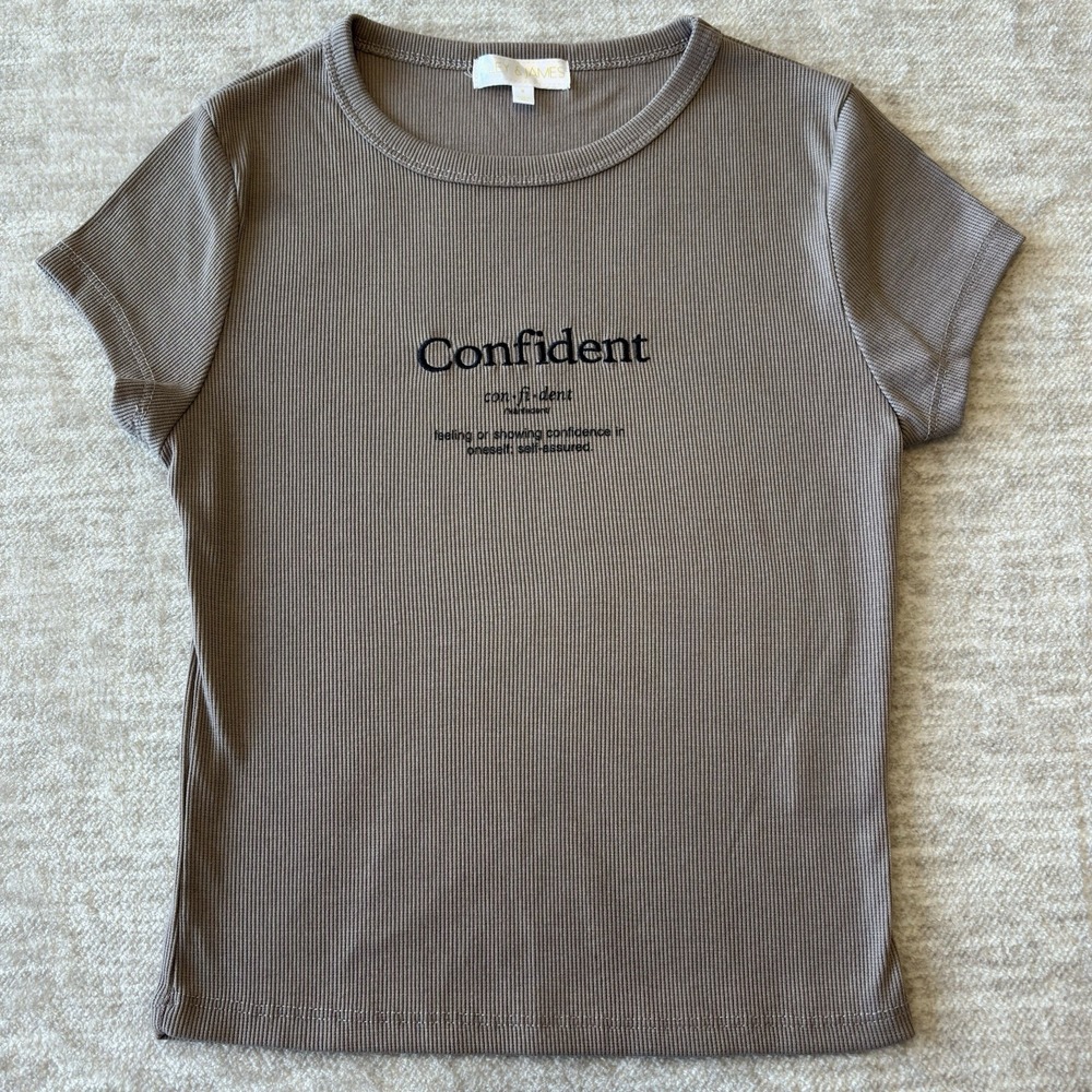 Riley & James  Womens Ribbed Top Casual Blouse Short Sleeve Small Mocha Confiden